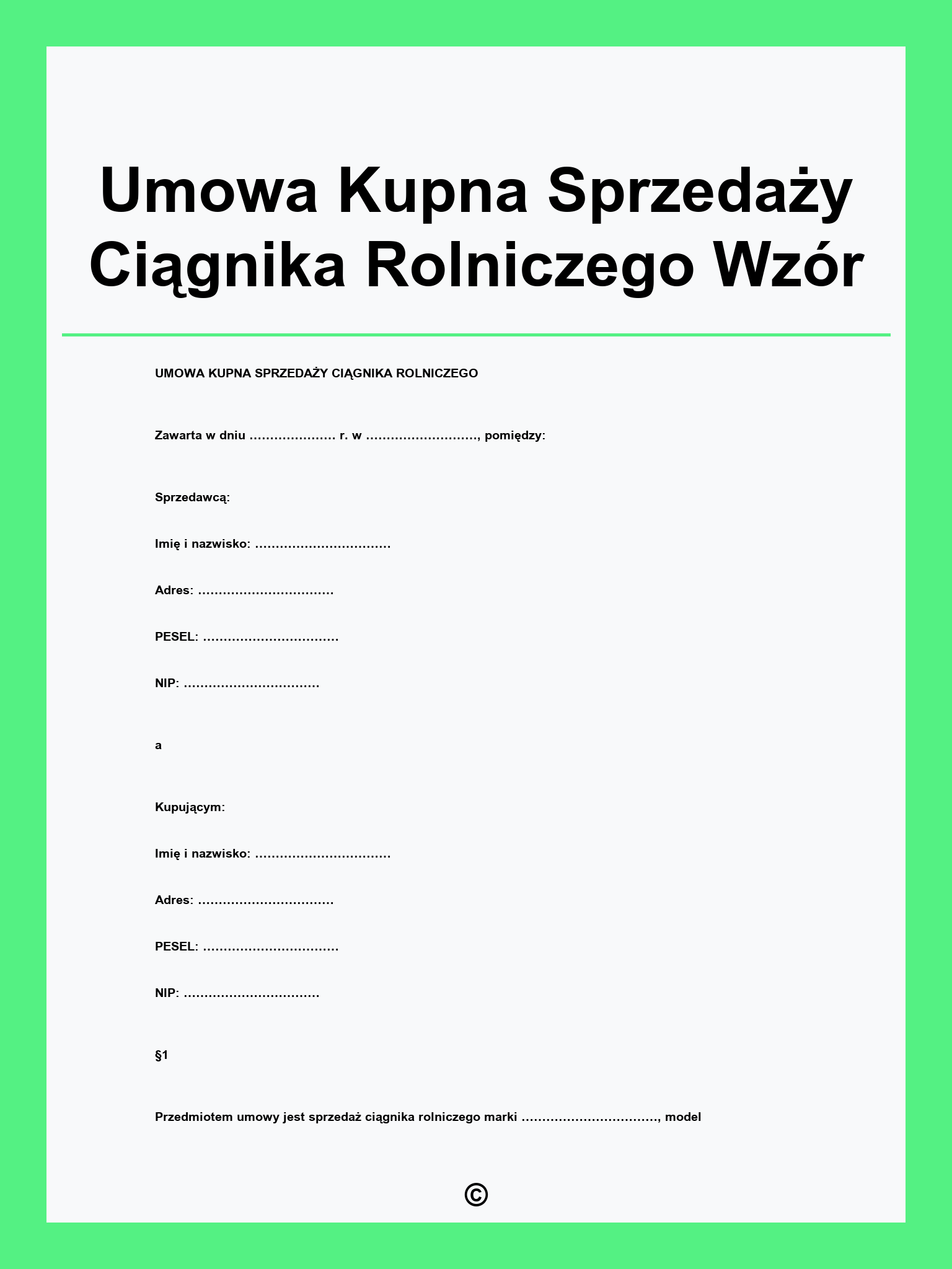 Umowa Kupna Sprzedaży Ciągnika Rolniczego Wzór