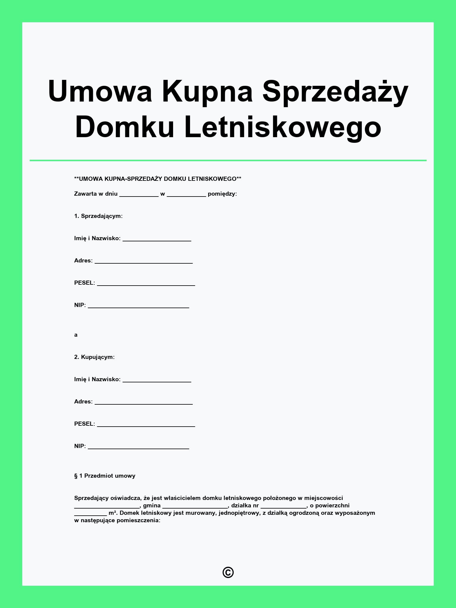 Umowa Kupna Sprzedaży Domku Letniskowego