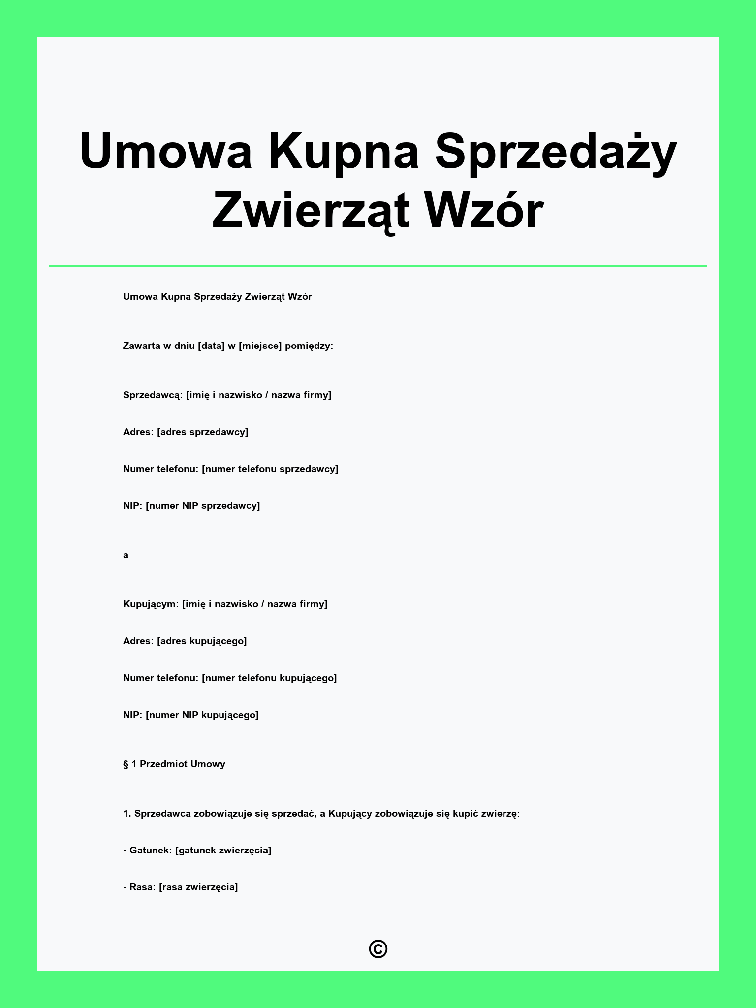 Umowa Kupna Sprzedaży Zwierząt Wzór