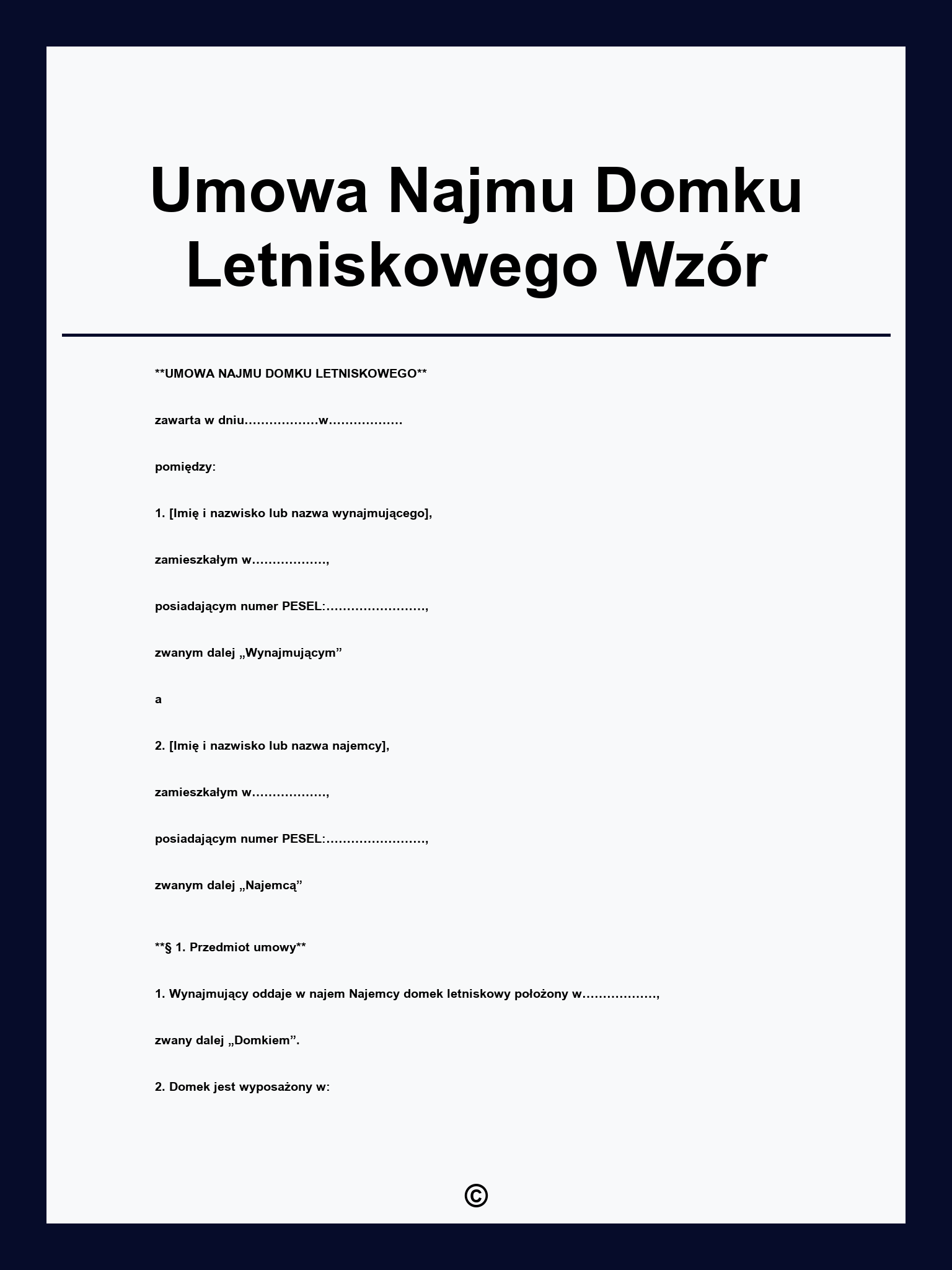 Umowa Najmu Domku Letniskowego Wzór