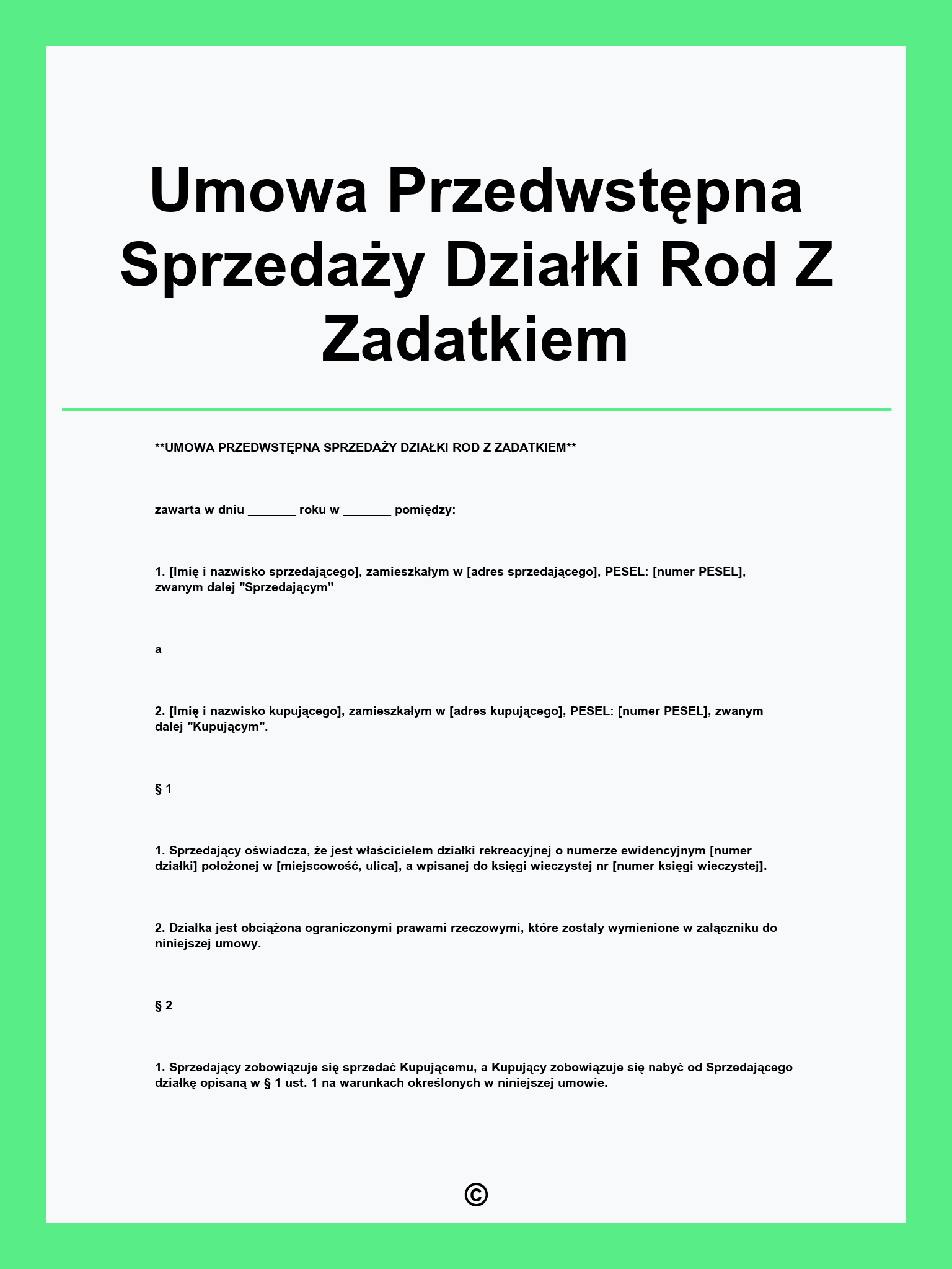 Umowa Przedwstępna Sprzedaży Działki Rod Z Zadatkiem