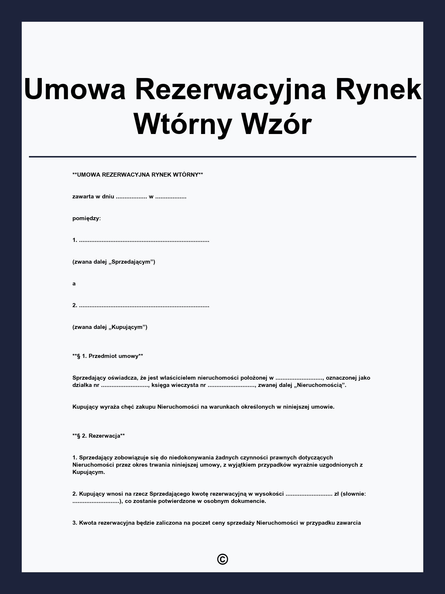 Umowa Rezerwacyjna Rynek Wtórny Wzór