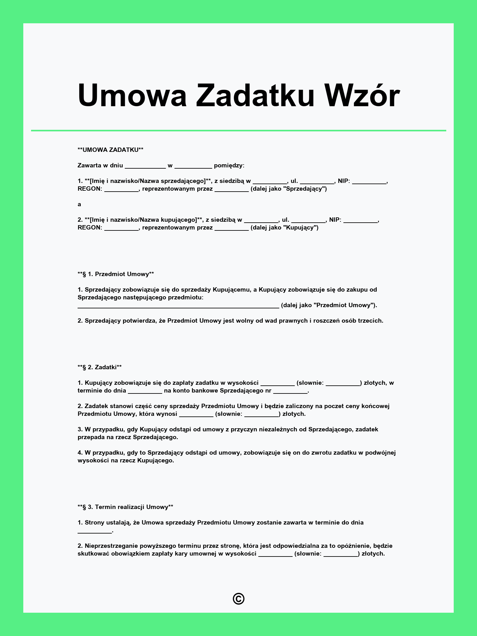 Umowa Zadatku Wzór